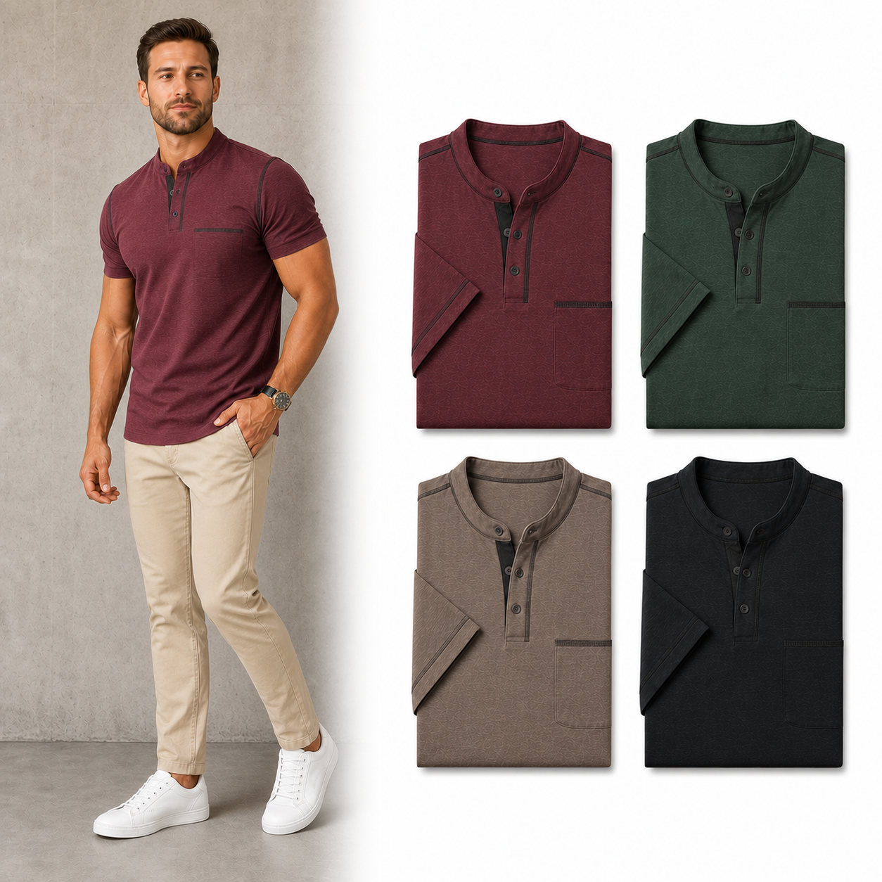 Four color men's short sleeve Henley shirt set B