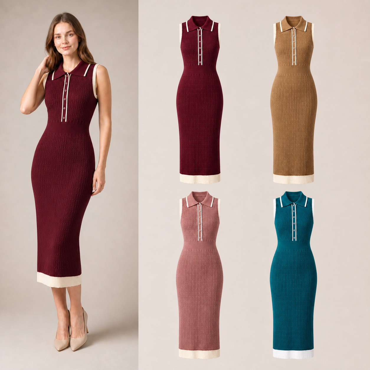 Women's contrast-trim knit polo midi dress mixed four pack B