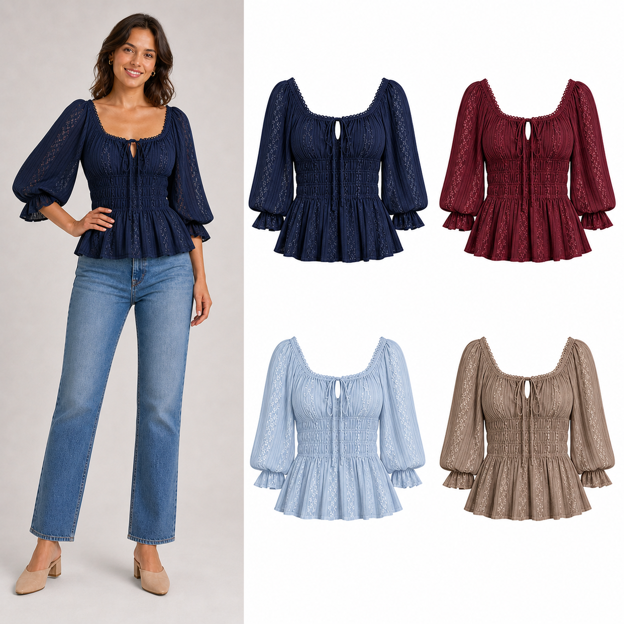 Women's square-neck smocked-waist lace blouse mixed four pack B