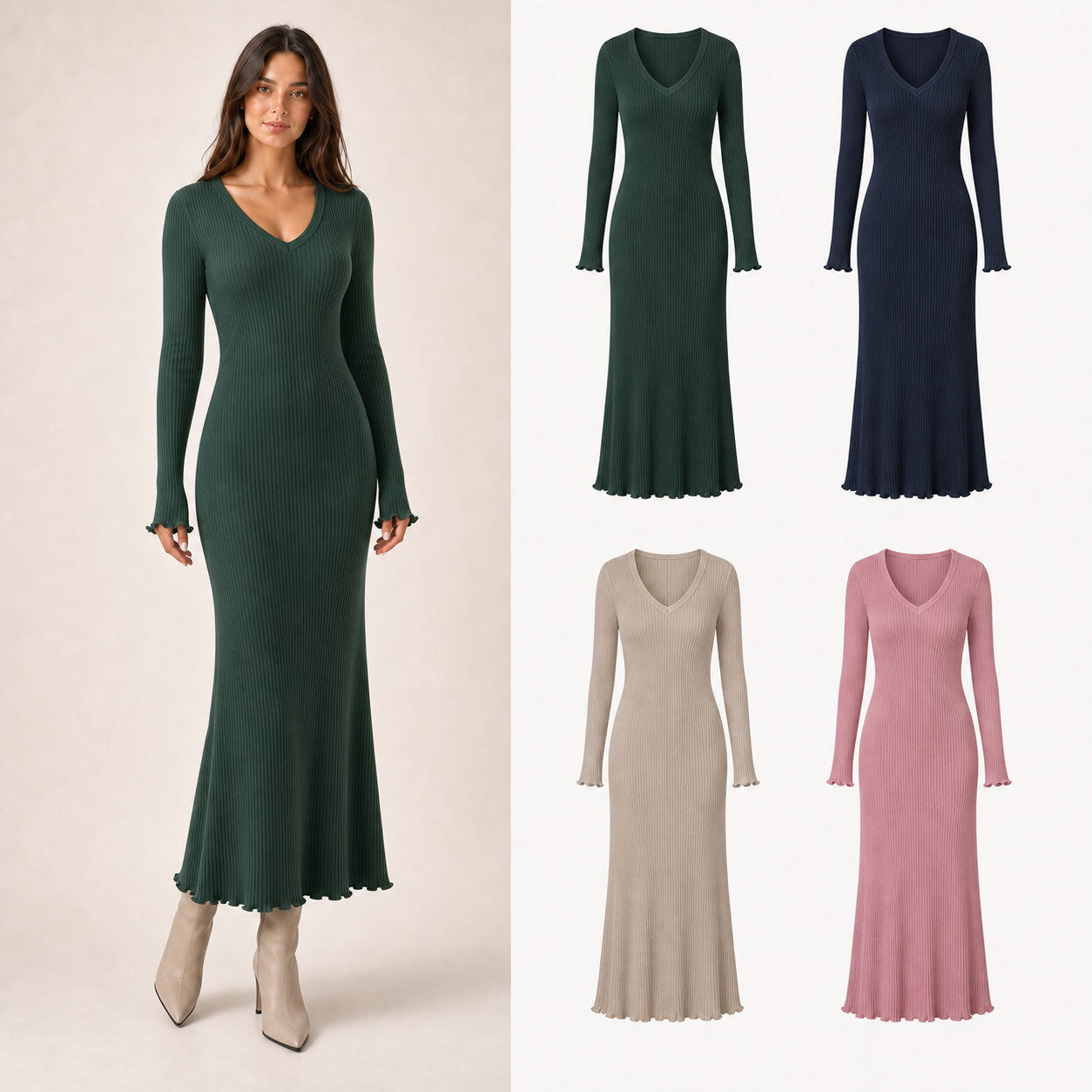 Women's ribbed V-neck fitted maxi dress mixed four pack B