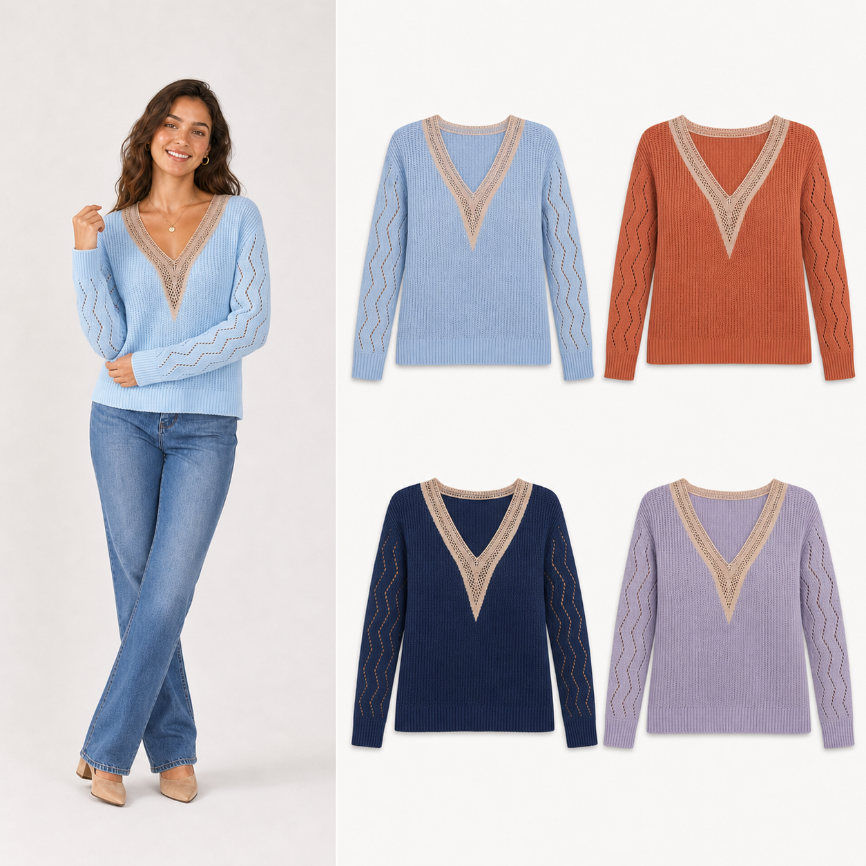 Women's crochet V-neck openwork knit top mixed four pack B