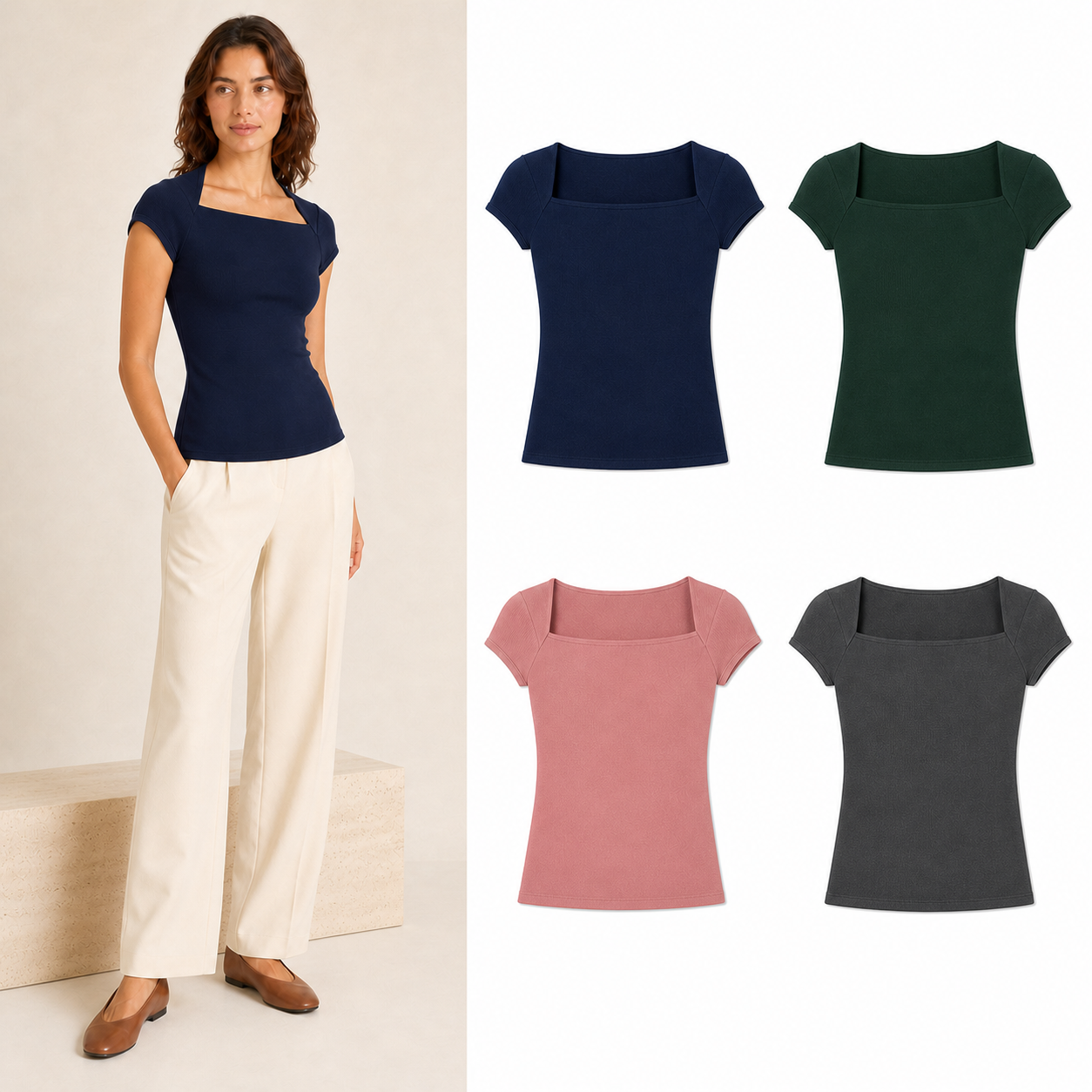 Women's square-neck ribbed top four-pack B