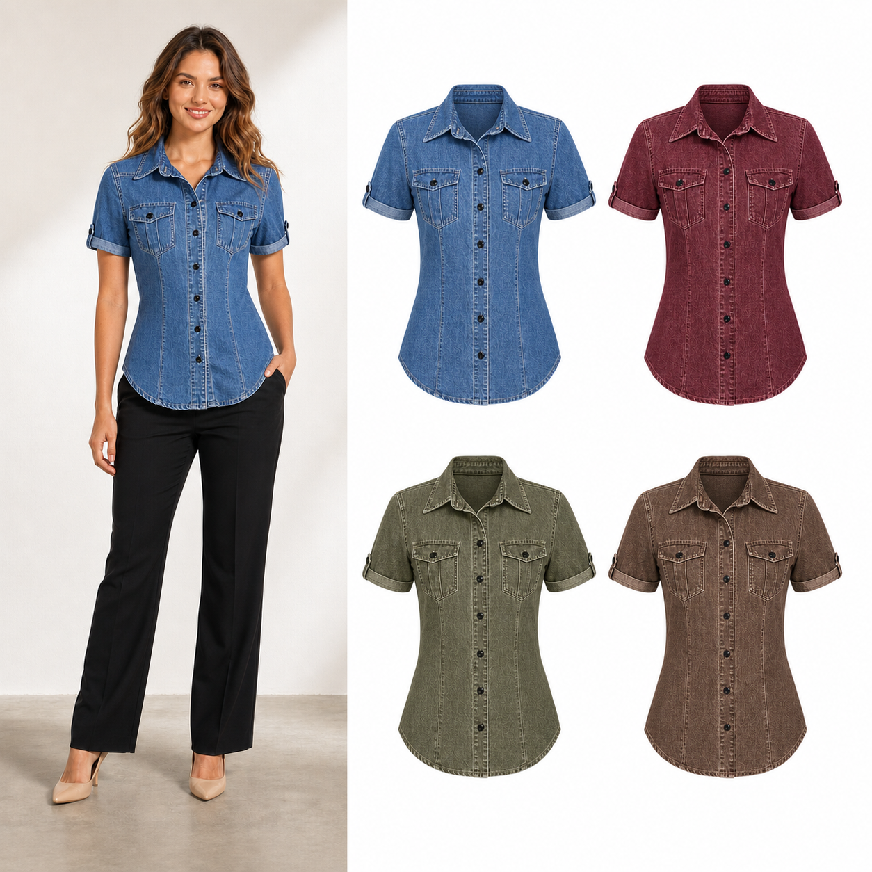 Women's washed denim fitted short-sleeve shirt mixed four pack B