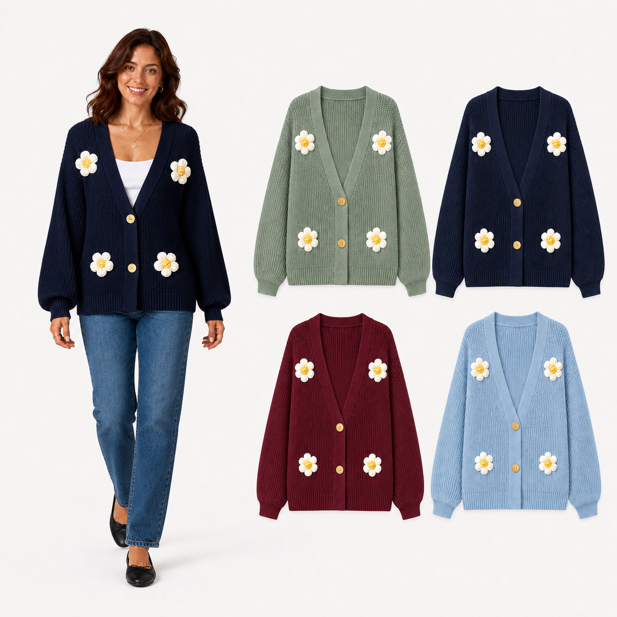 Women's 3D daisy cardigan mixed four pack B