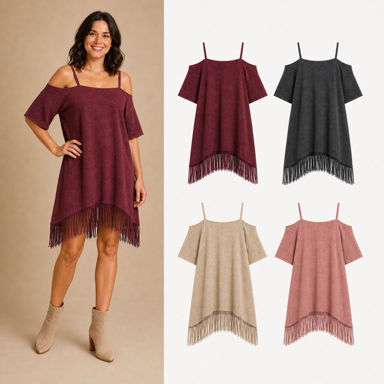 Women's washed cold shoulder fringe shift mini dress mixed four pack B