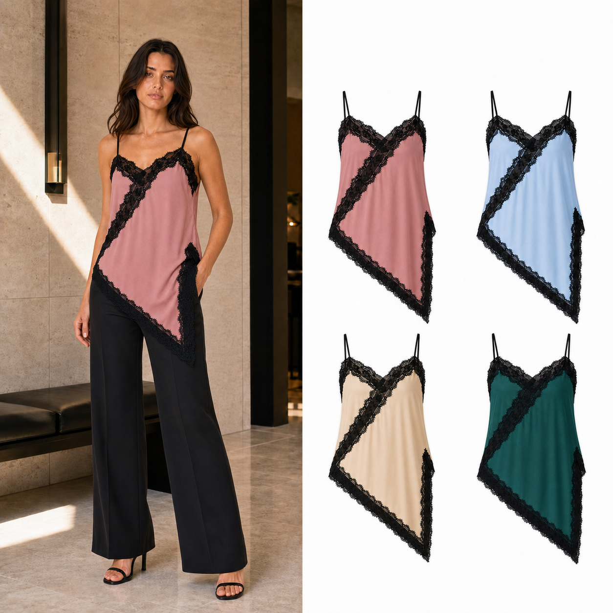 Women's contrast lace asymmetric camisole mixed four pack B
