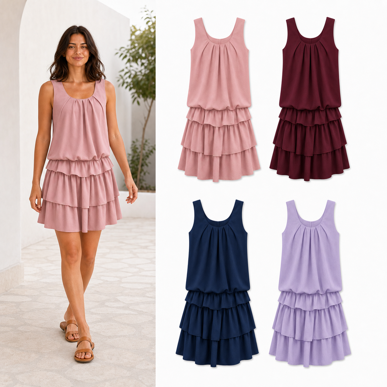 Women's pleated blouson tiered flounce mini dress mixed four pack B