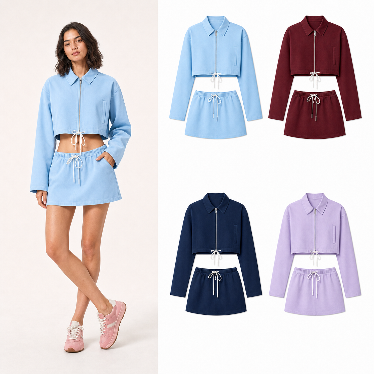 Women's cropped zip jacket and mini skirt set mixed four pack B