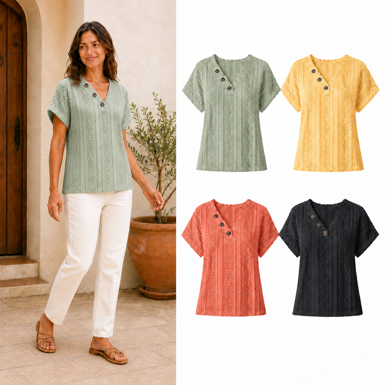 Four-color pack B of women's openwork three-button tops
