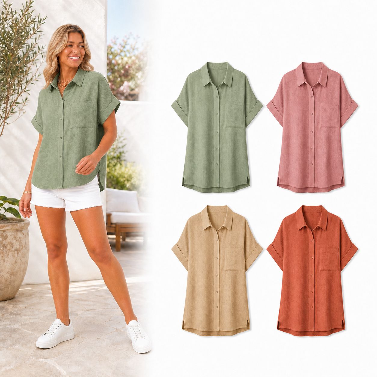 Four-color women's textured shirt set B in sage rose beige and terracotta