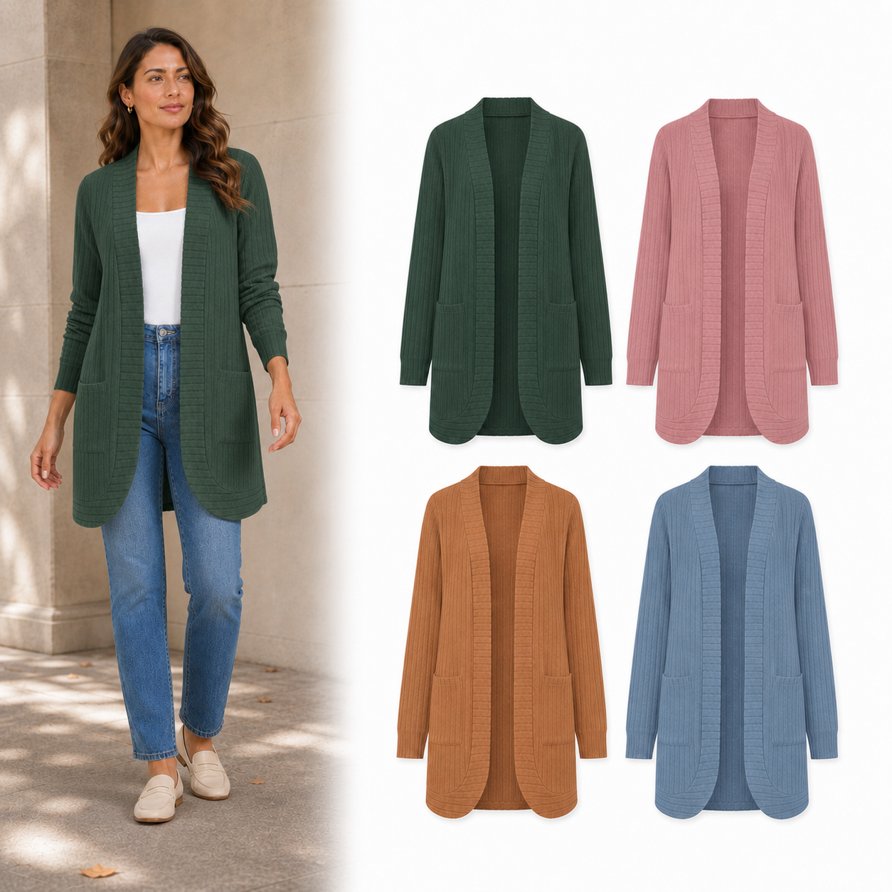 Four-color women's ribbed open-front long cardigan set B