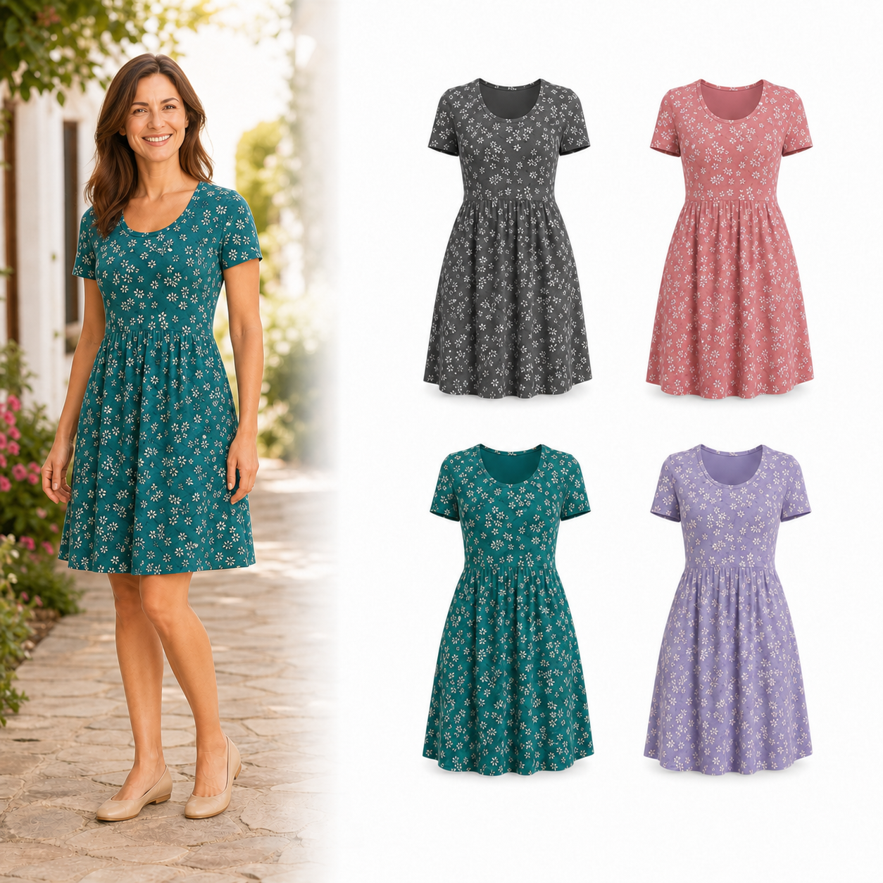 Four color women's floral pocket dress set B