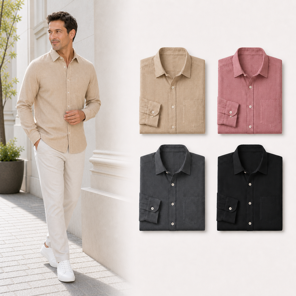 Four color men's textured long-sleeve shirt set B