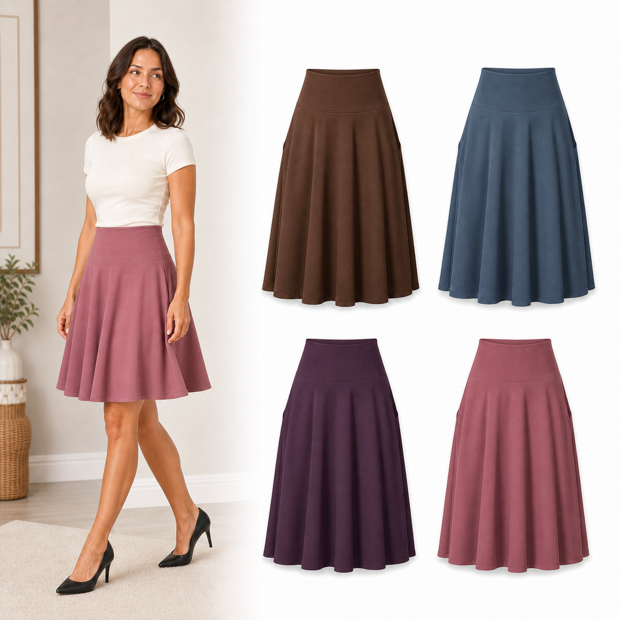 Four-color women's high-waist pocket skater skirt set B