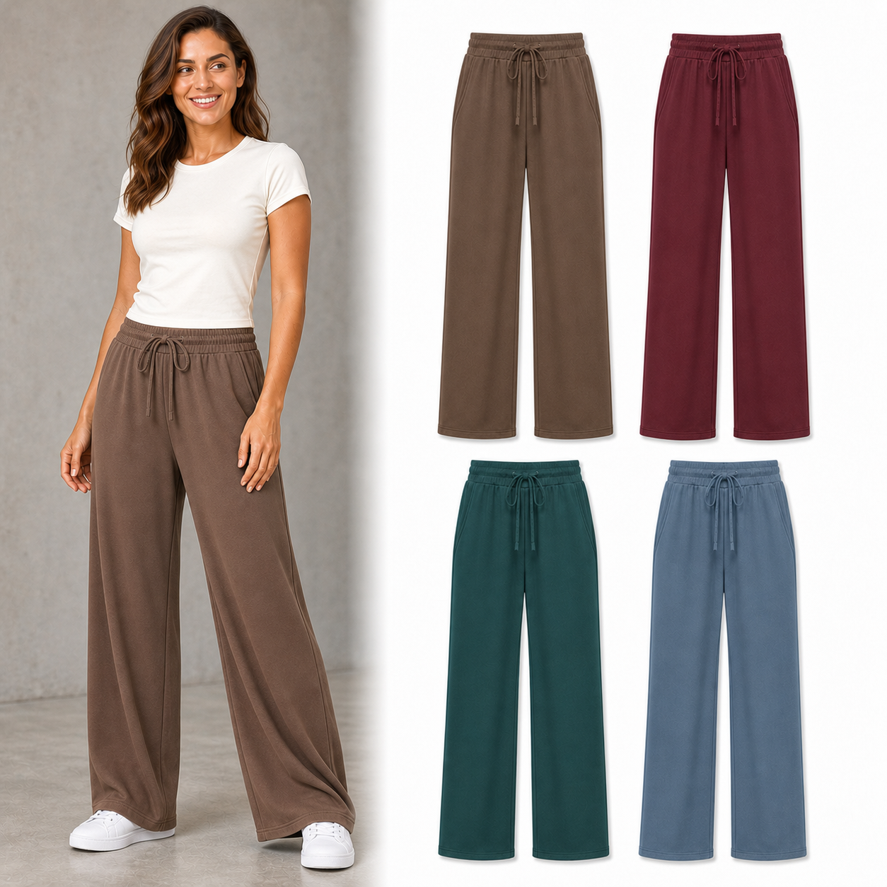 Four color women's drawstring wide-leg pants set B