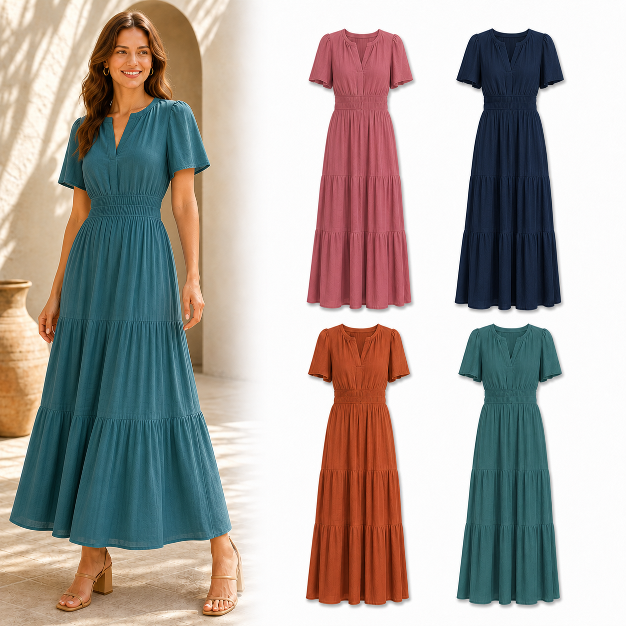 Four-color women's smocked-waist maxi dress set B