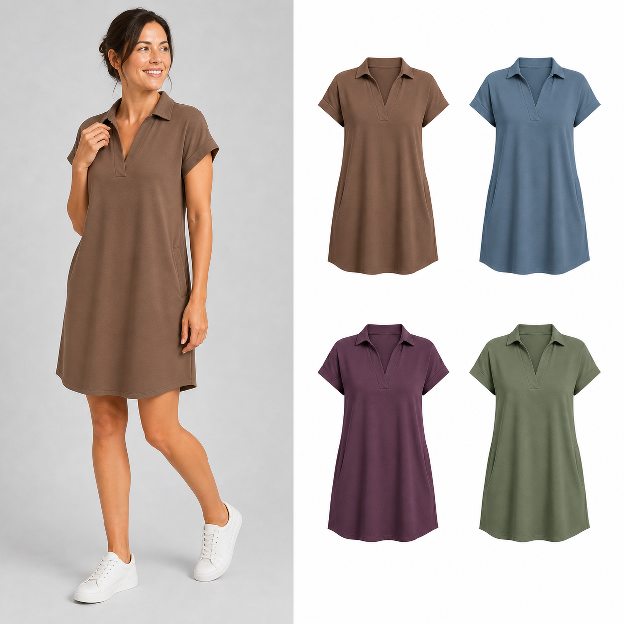Four color women's collared pocket dress set B