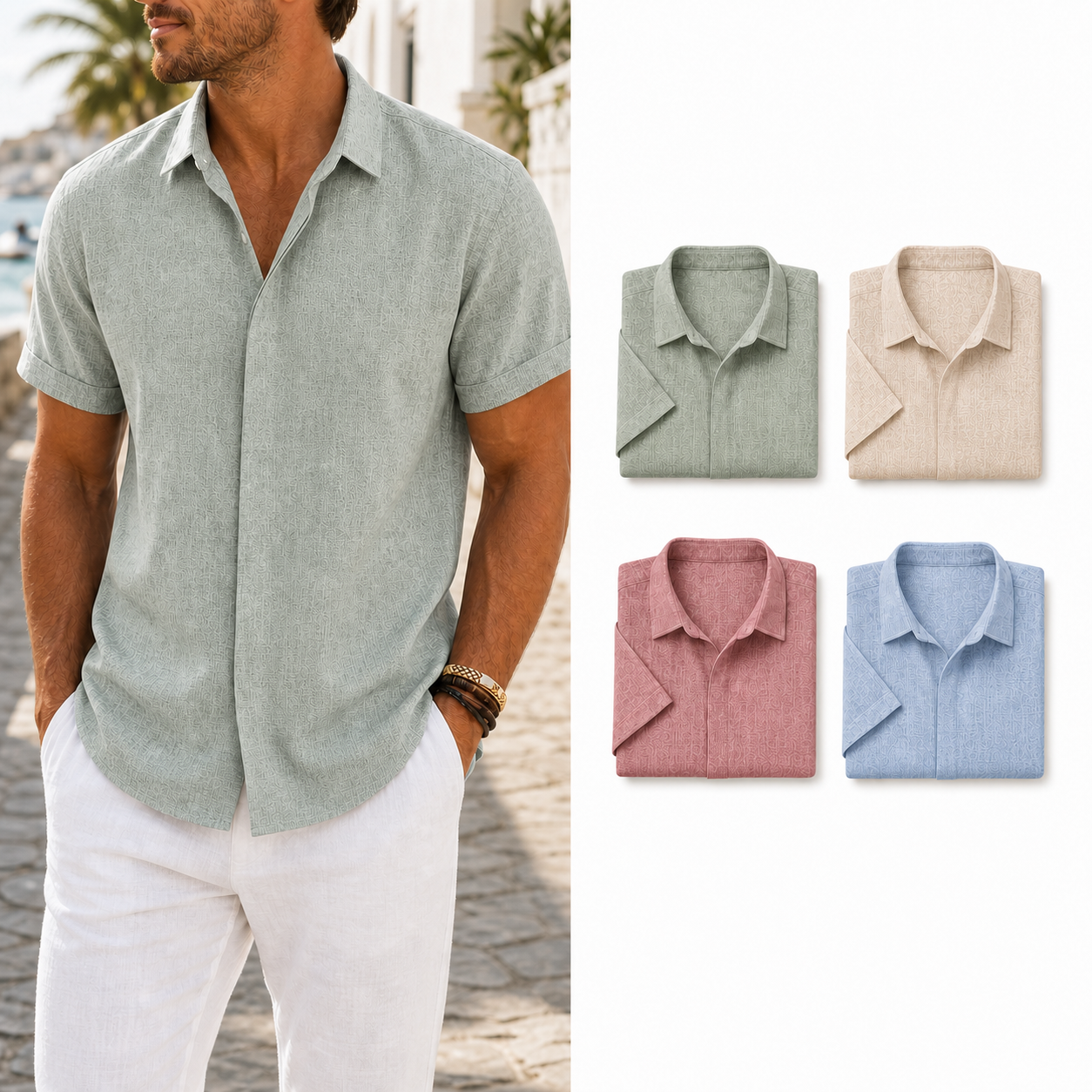 Four color men's textured short-sleeve shirt set B