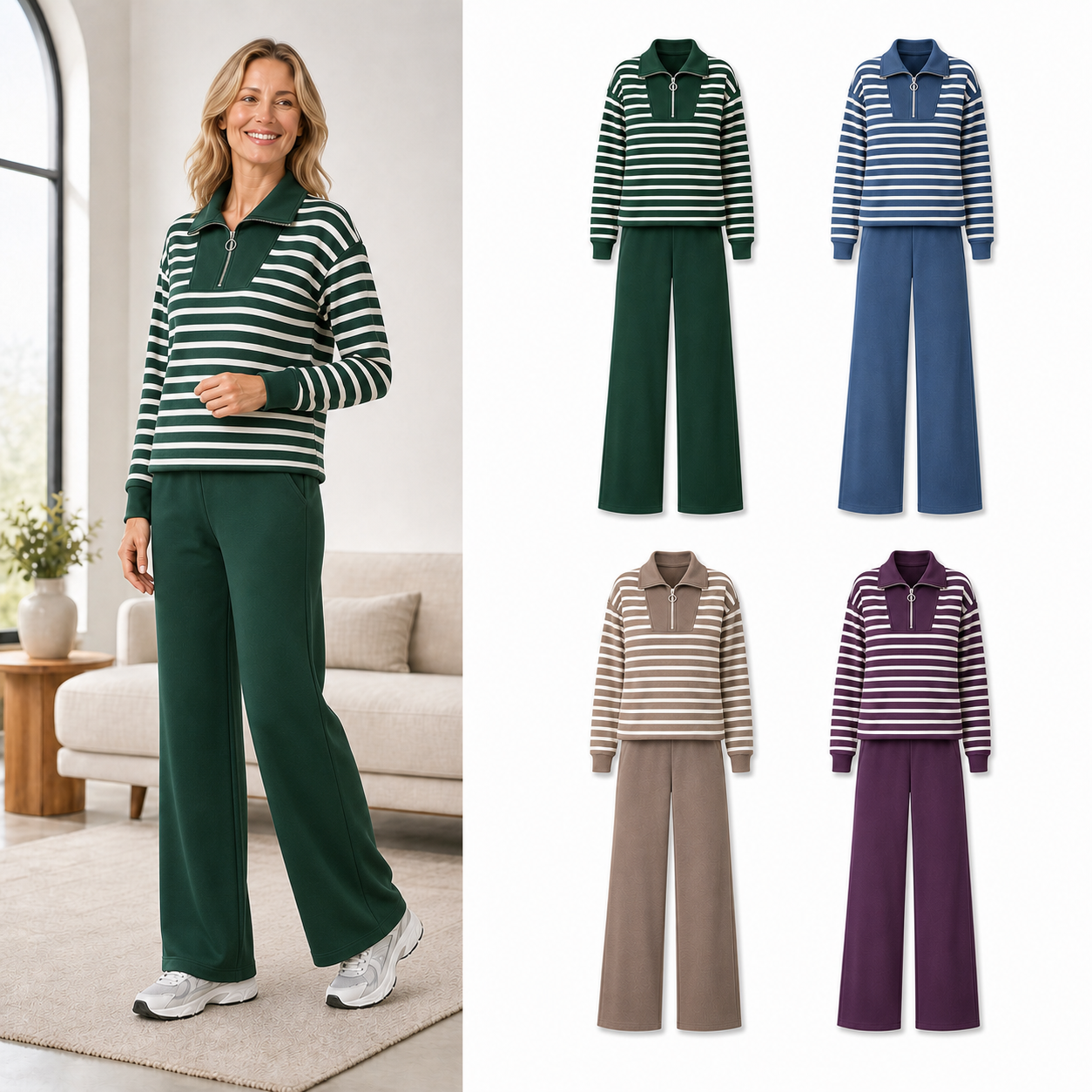 Four-color women's striped quarter-zip set B