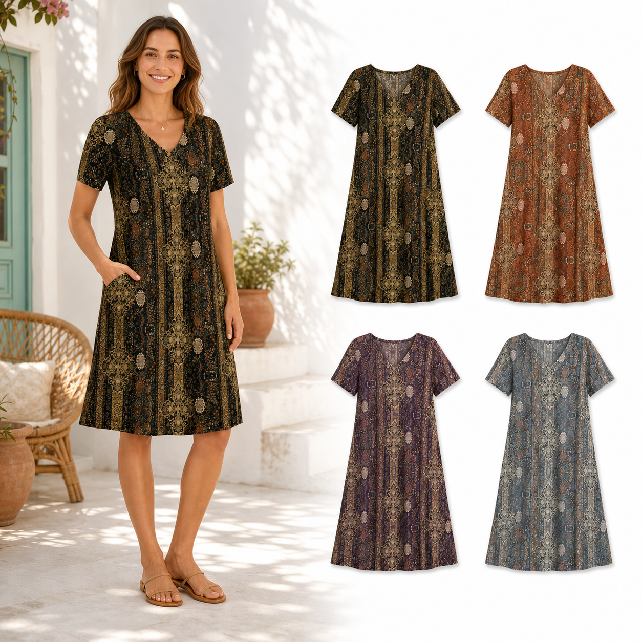 Four color women's ornamental print dress set B