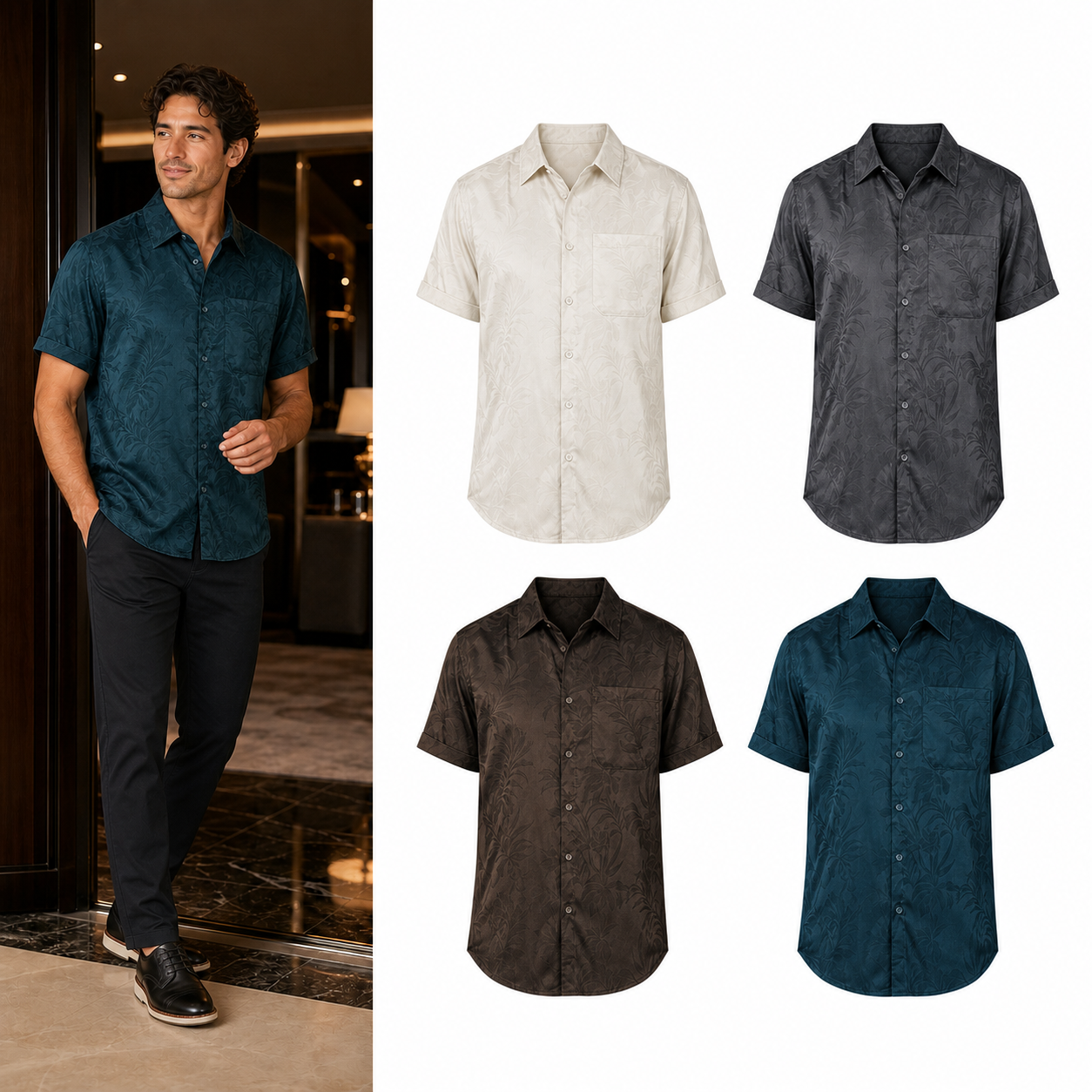 Four-color tonal floral jacquard shirt set B