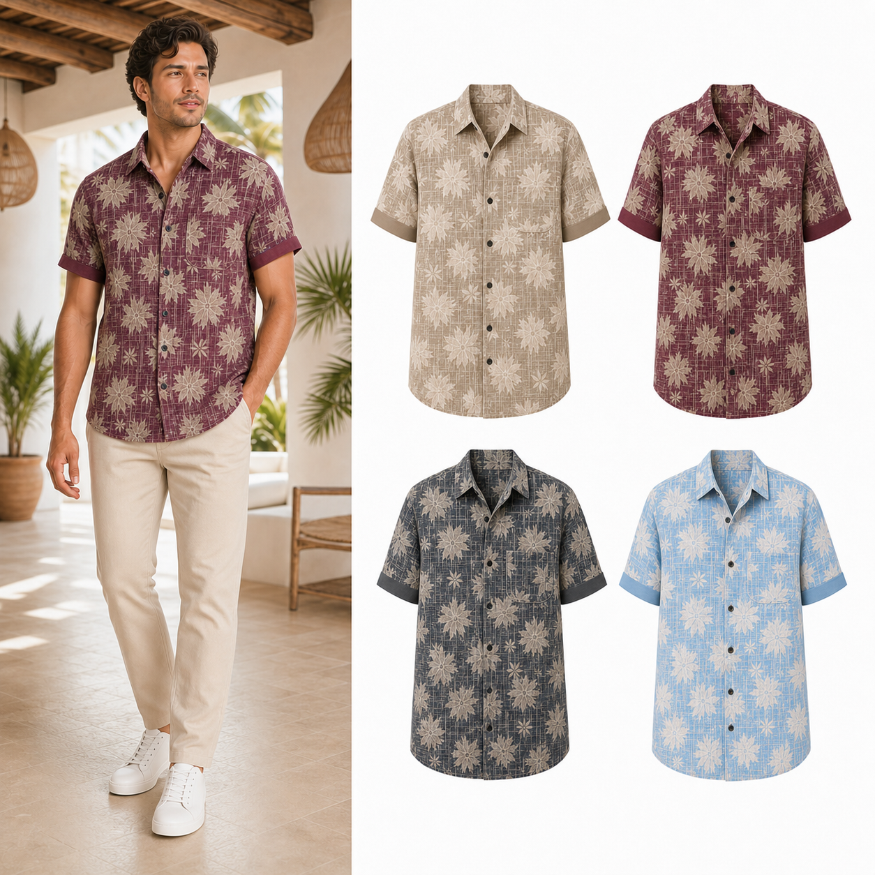 Four-color men's botanical camp collar shirt set B
