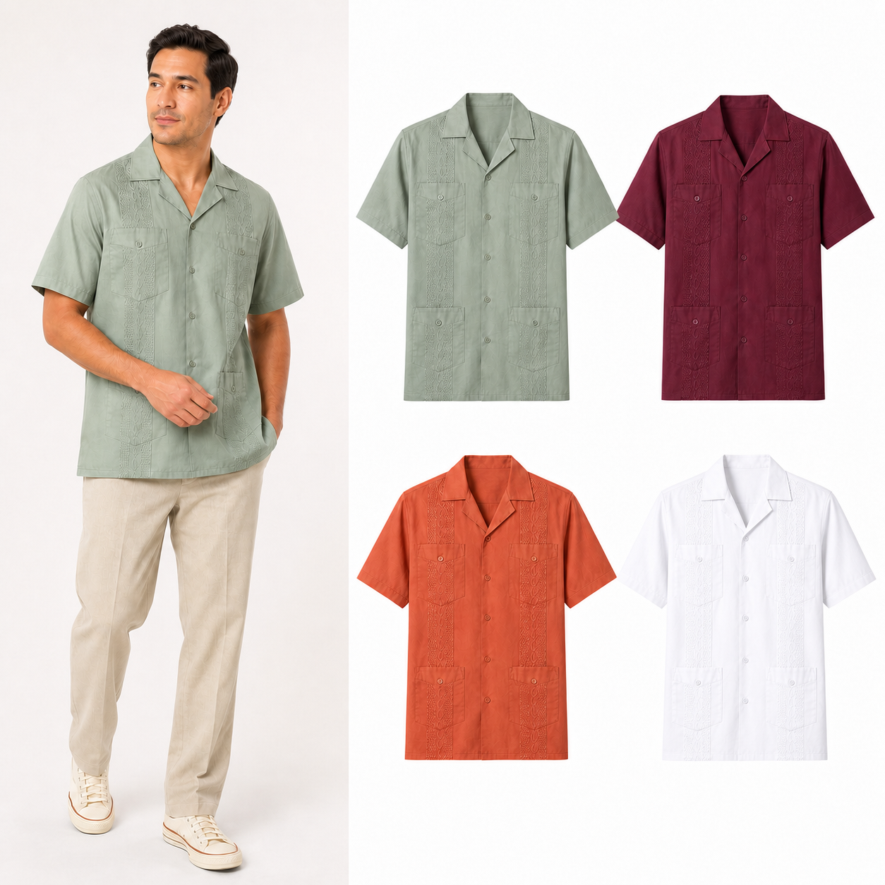 Four-color guayabera set B in sage burgundy terracotta and white