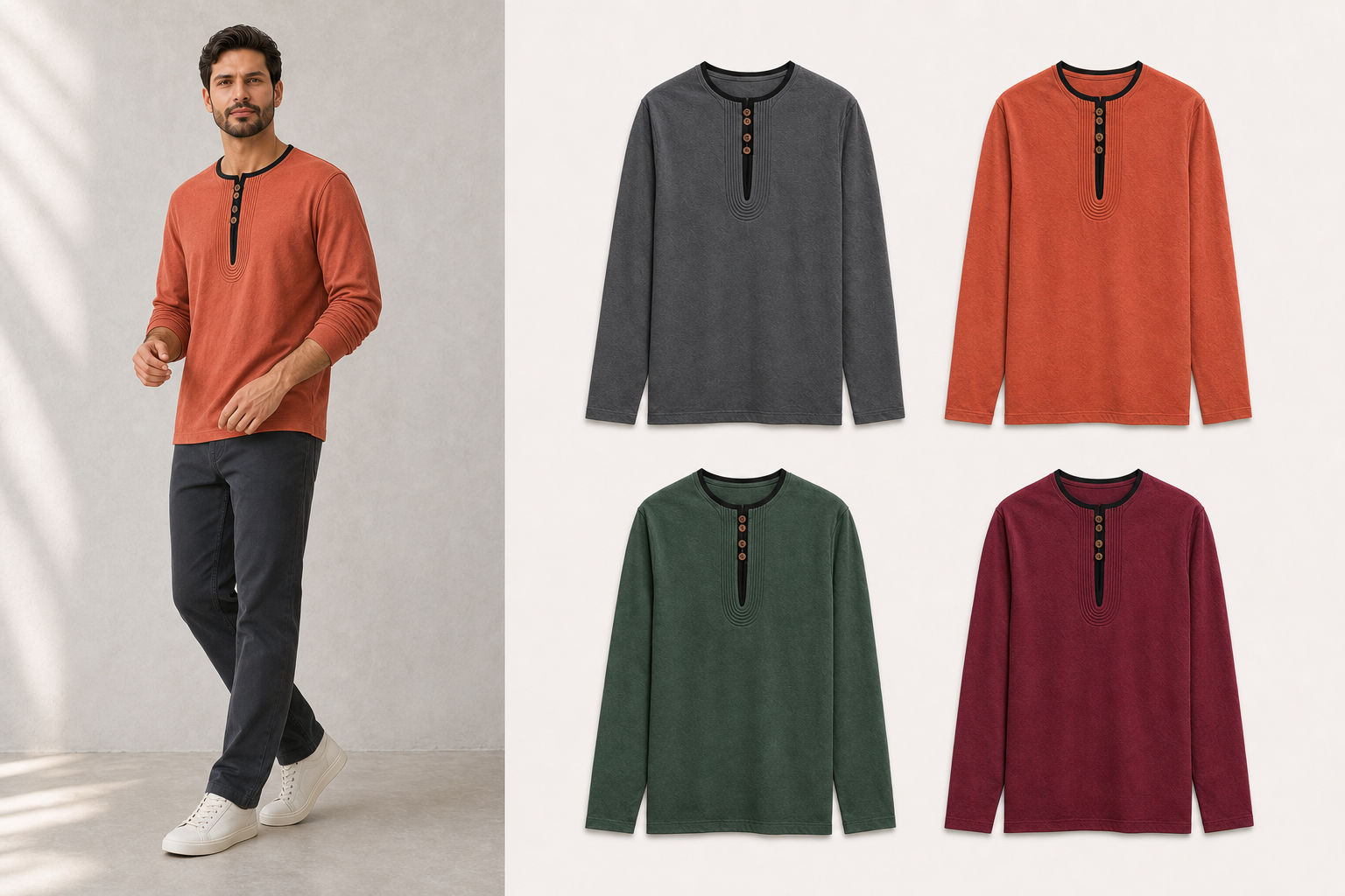 Men's contrast trim long sleeve Henley mixed four pack B