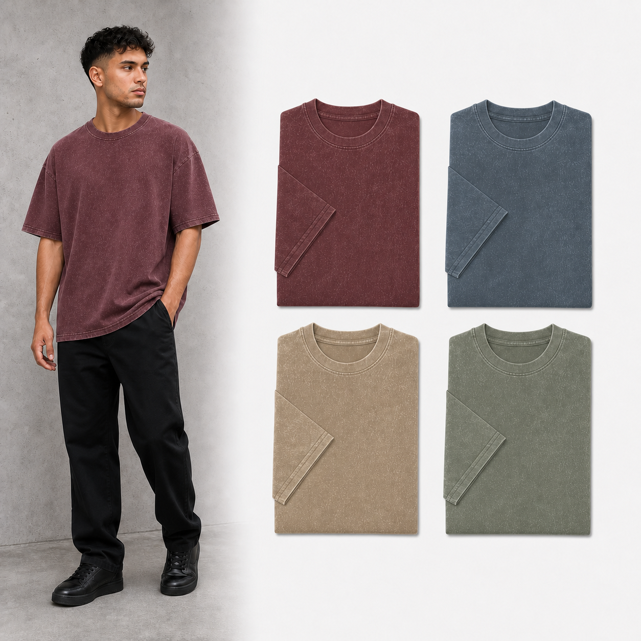 Four-color men's washed oversized T-shirt set B