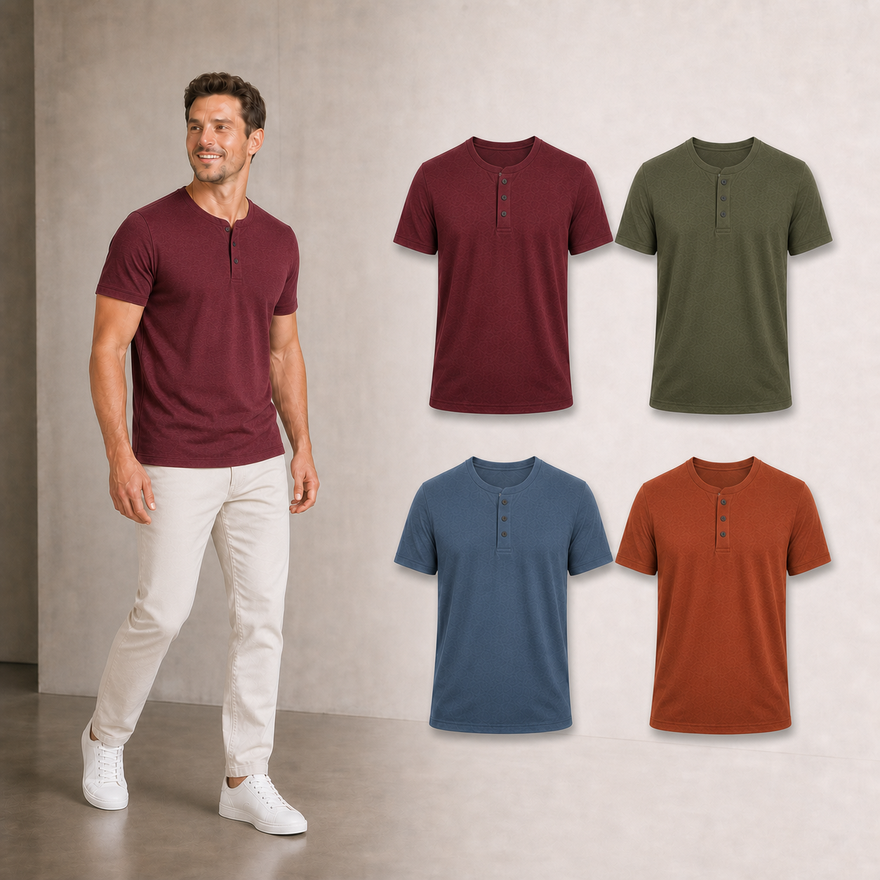 Men's fitted three-button Henley shirt mixed four pack B