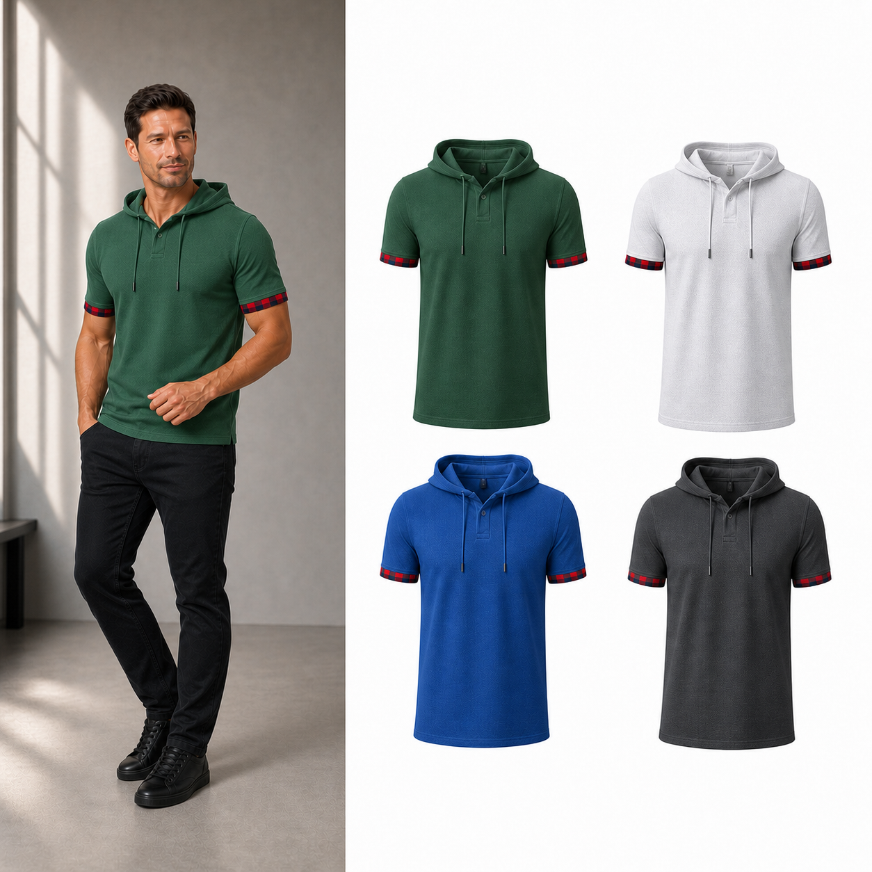 Four pack B of men's plaid cuff hooded Henley shirts