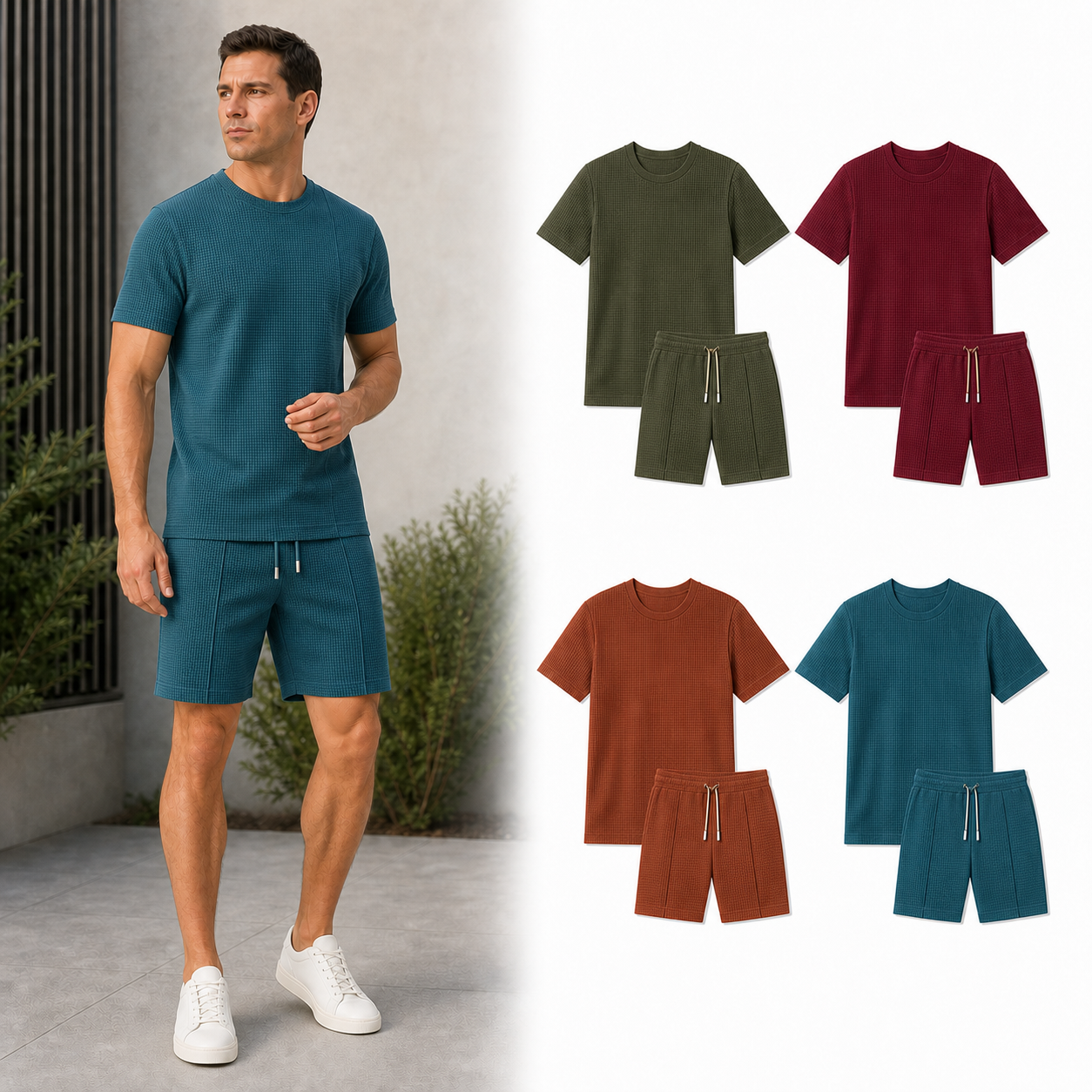 Four color pack B of men's waffle knit shirt and shorts sets