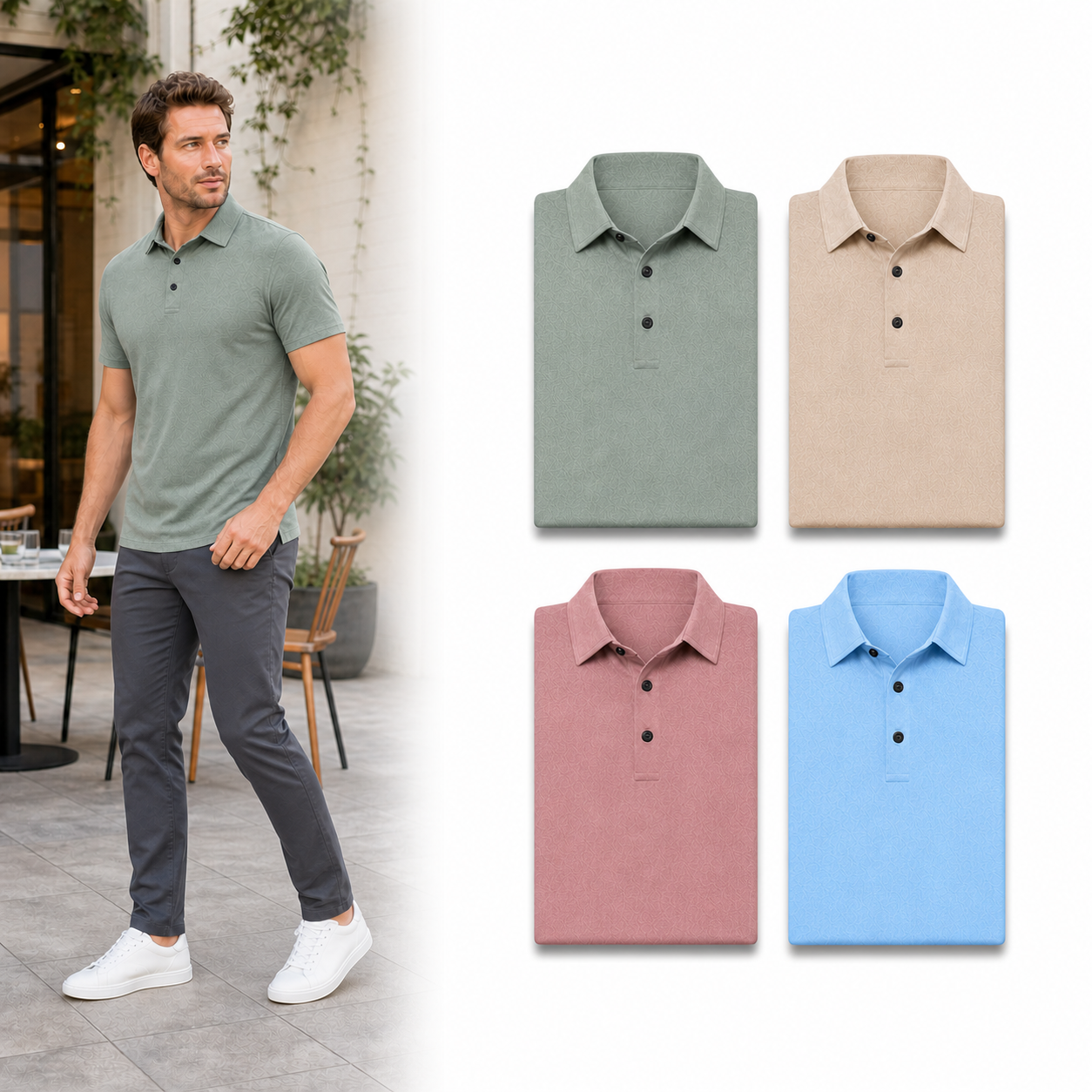 Four-color men's heather-texture polo set B
