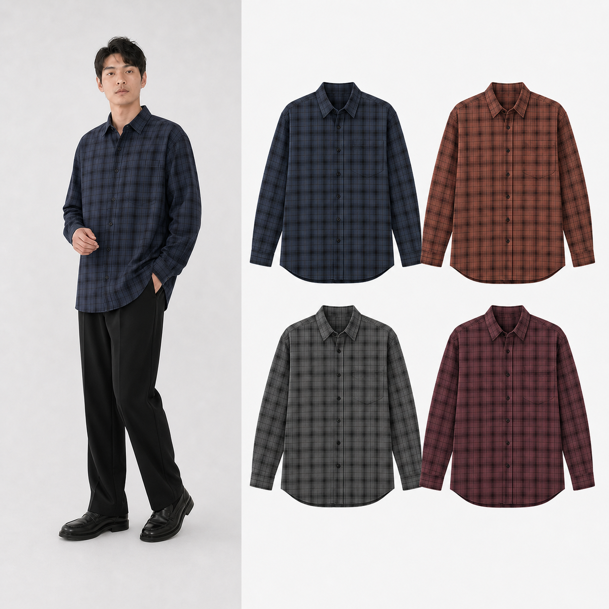 Men's relaxed plaid shirt mixed four pack B