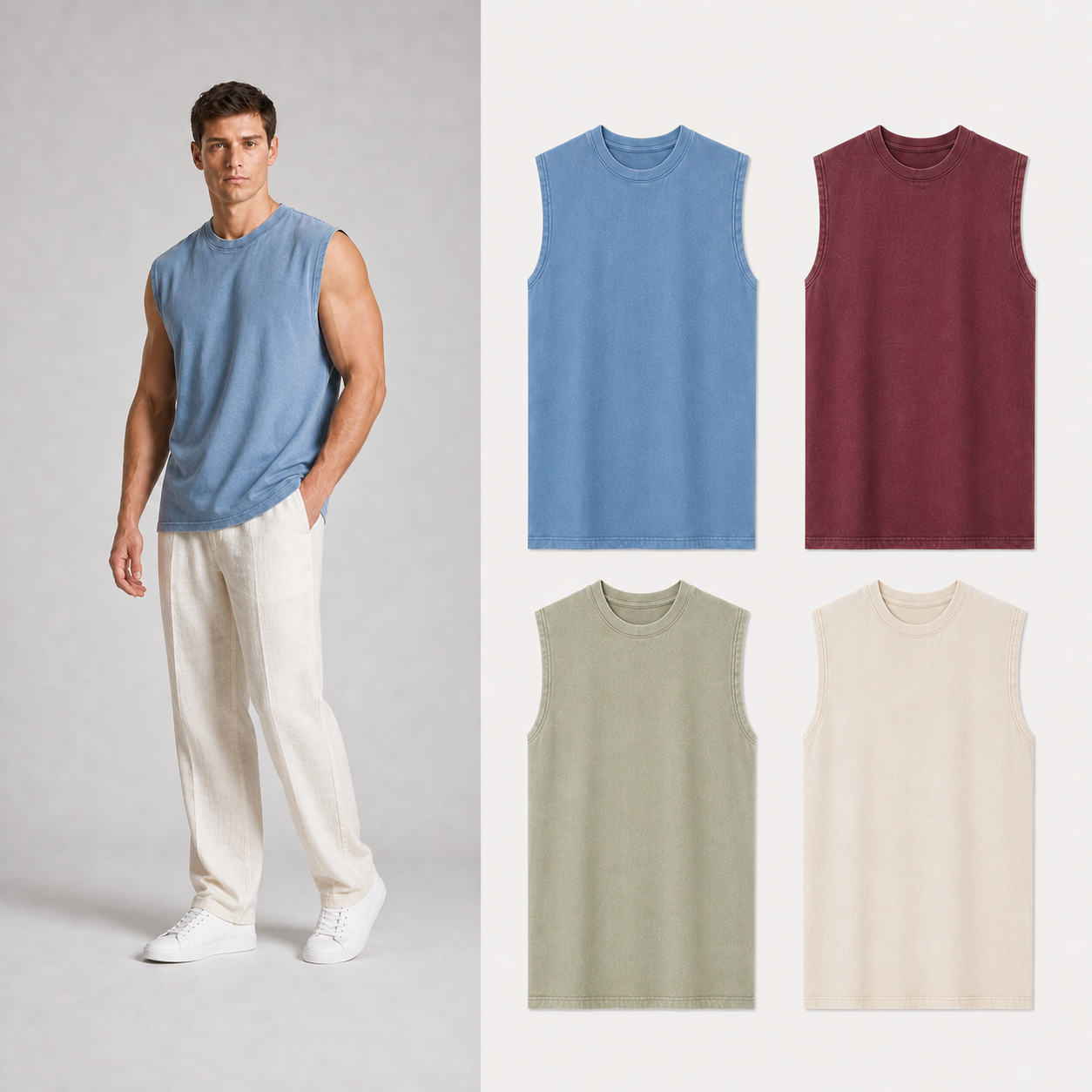 Four pack B of men's washed sleeveless T-shirts