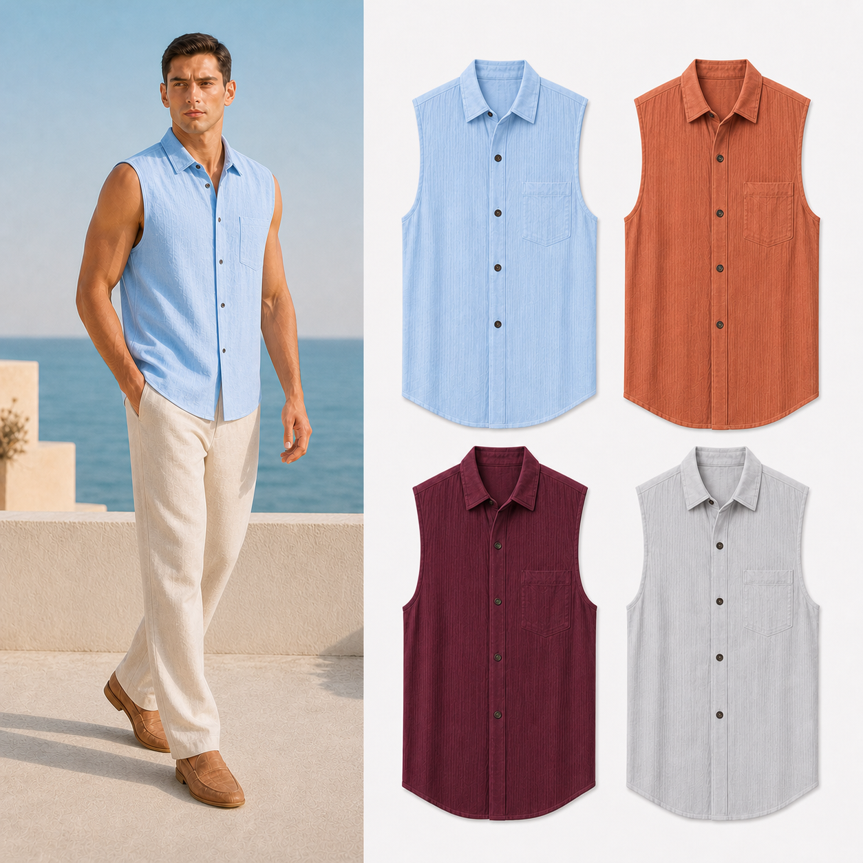 Men's sleeveless linen blend shirt mixed four pack B