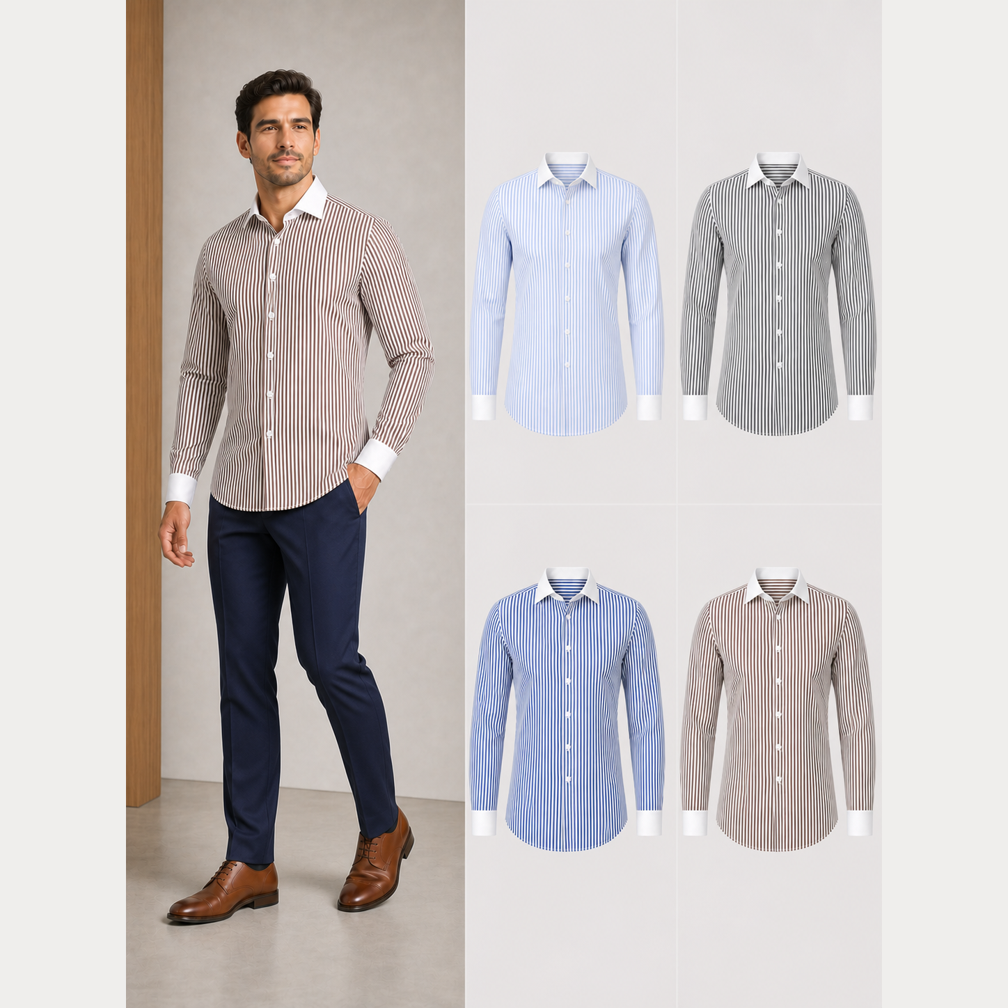 Men's contrast collar vertical stripe shirt mixed four pack B
