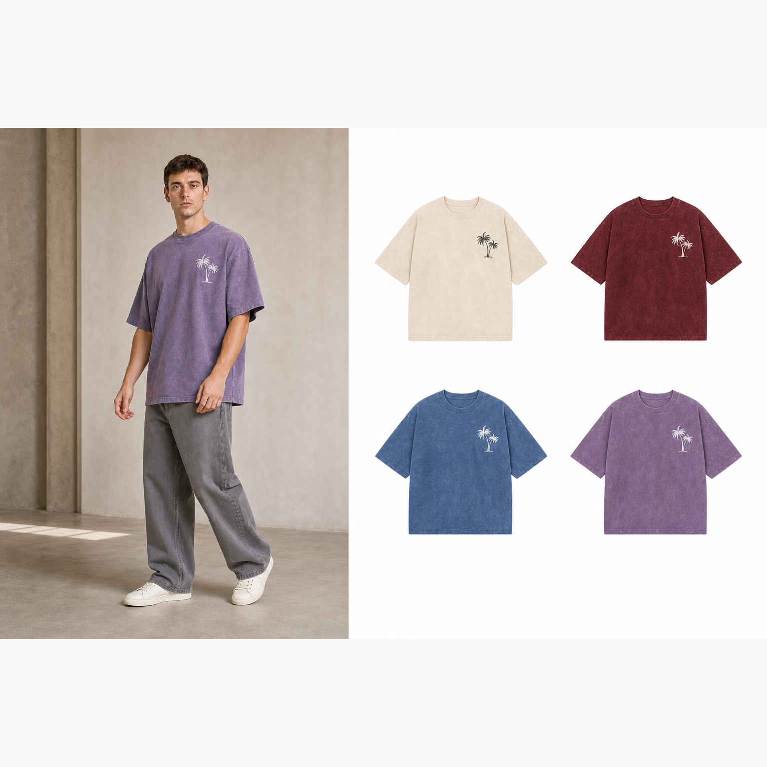 Men's washed palm graphic oversized T-shirt four-pack B