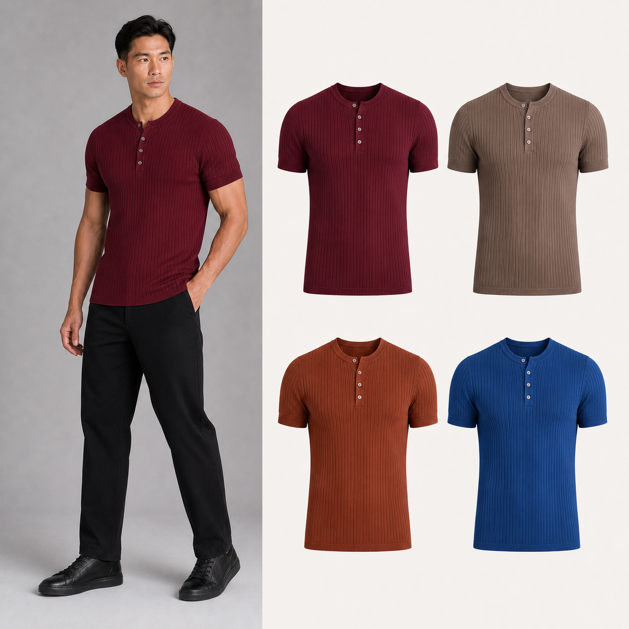 Men's fitted rib-knit four-button Henley mixed four pack B