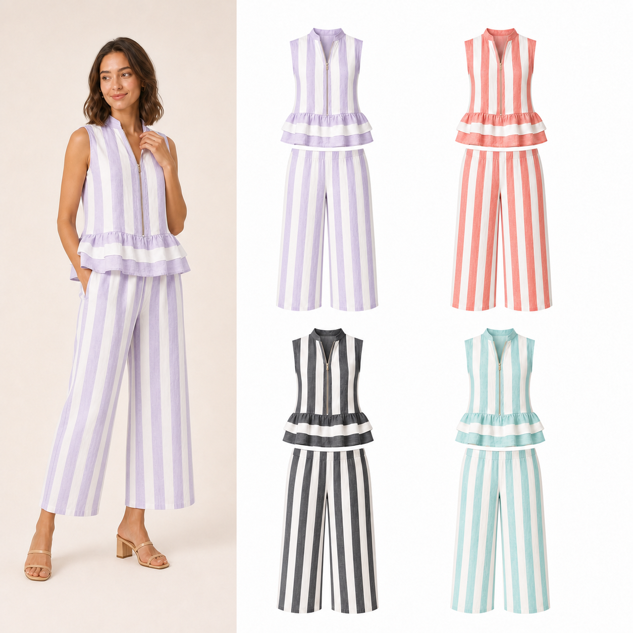 Women's striped zip peplum two-piece set four-pack B