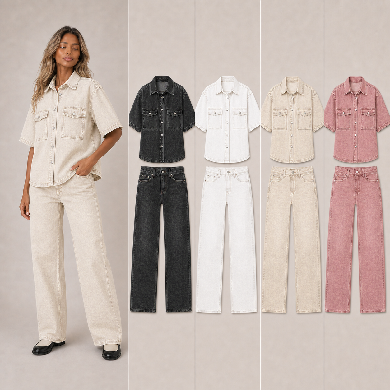 Women's denim shirt and straight jeans four-pack B