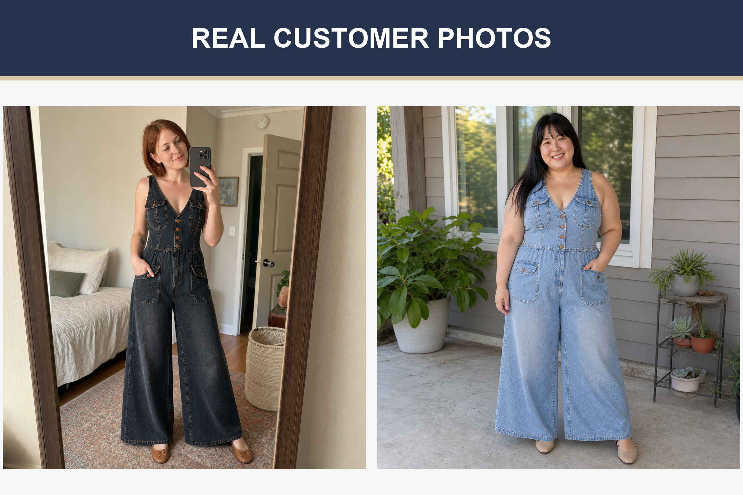 Real customer denim jumpsuit photos in washed black and light blue