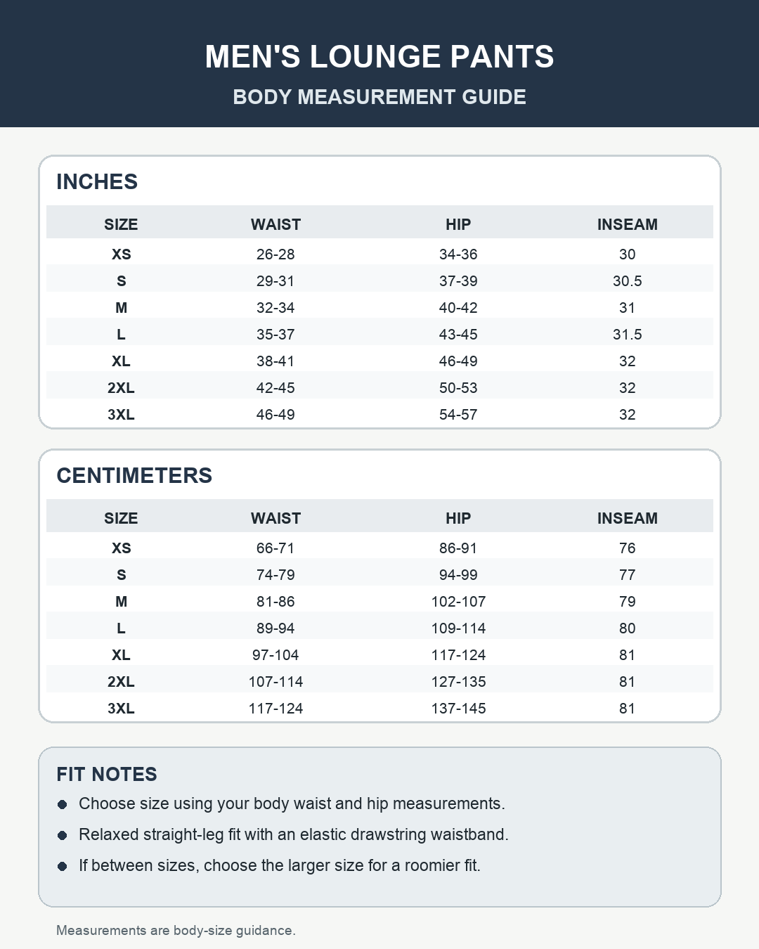 Men's knit lounge pants size guide