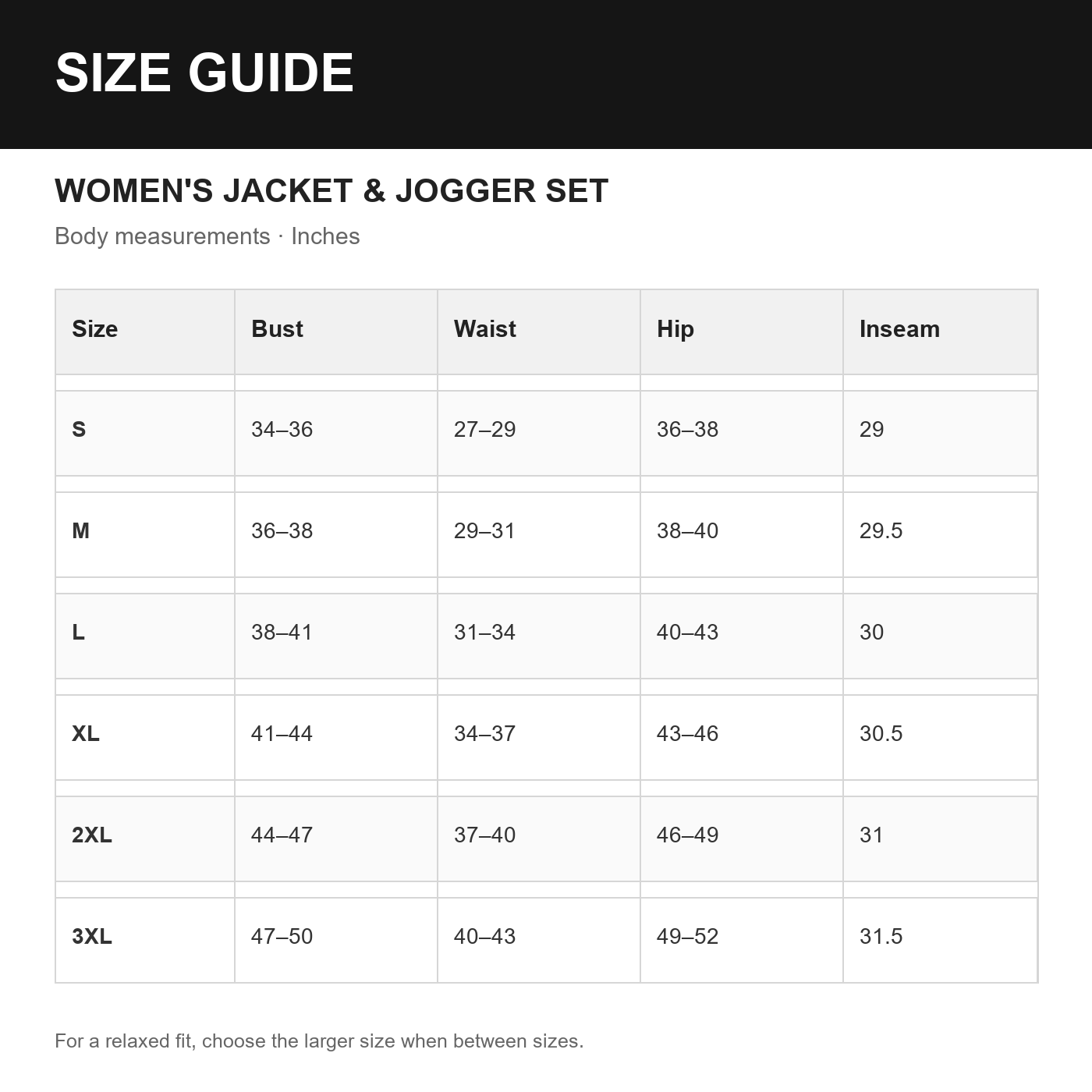 Women's full-zip jacket and jogger set size guide