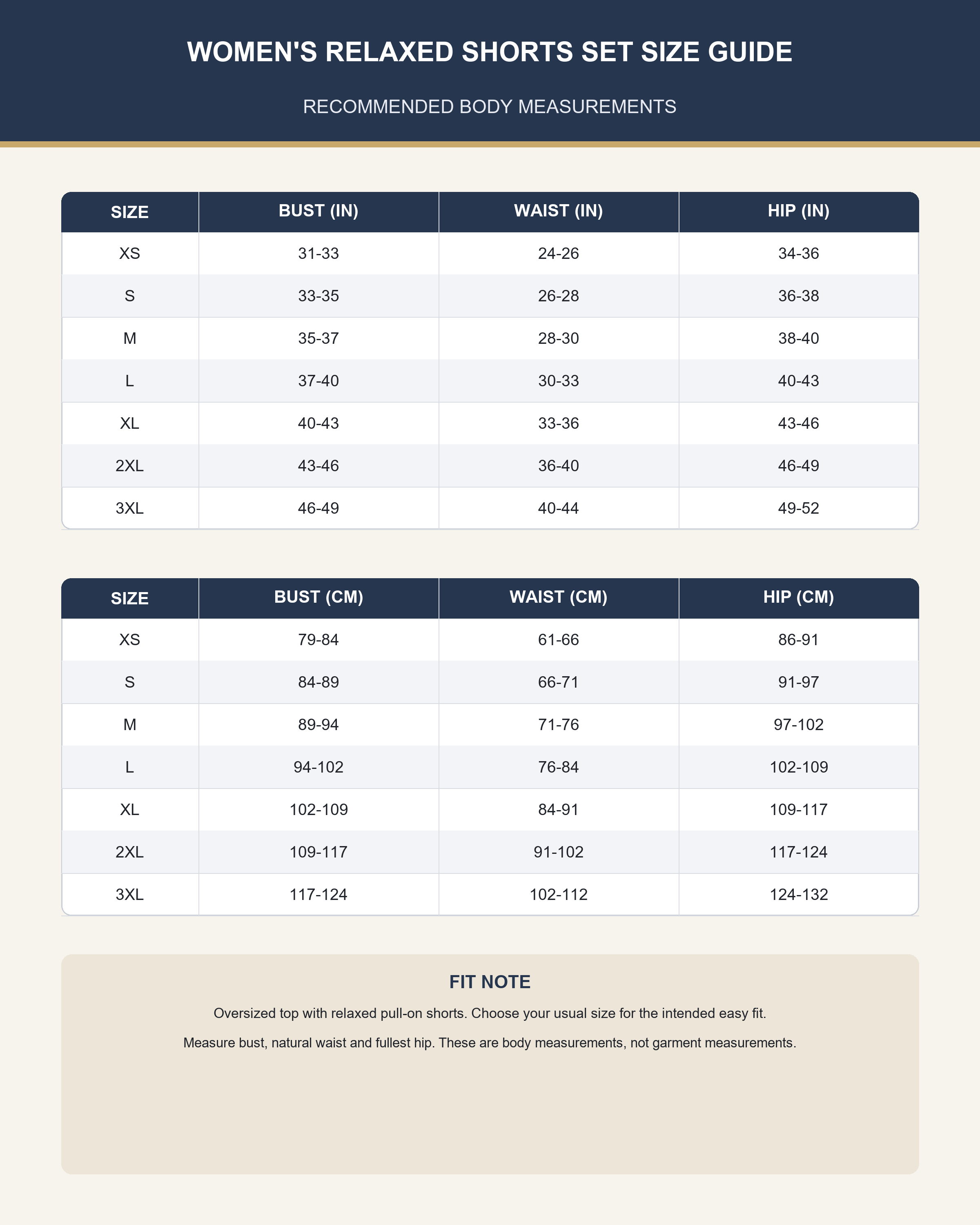 Women's relaxed half-zip shorts set size guide XS through 3XL