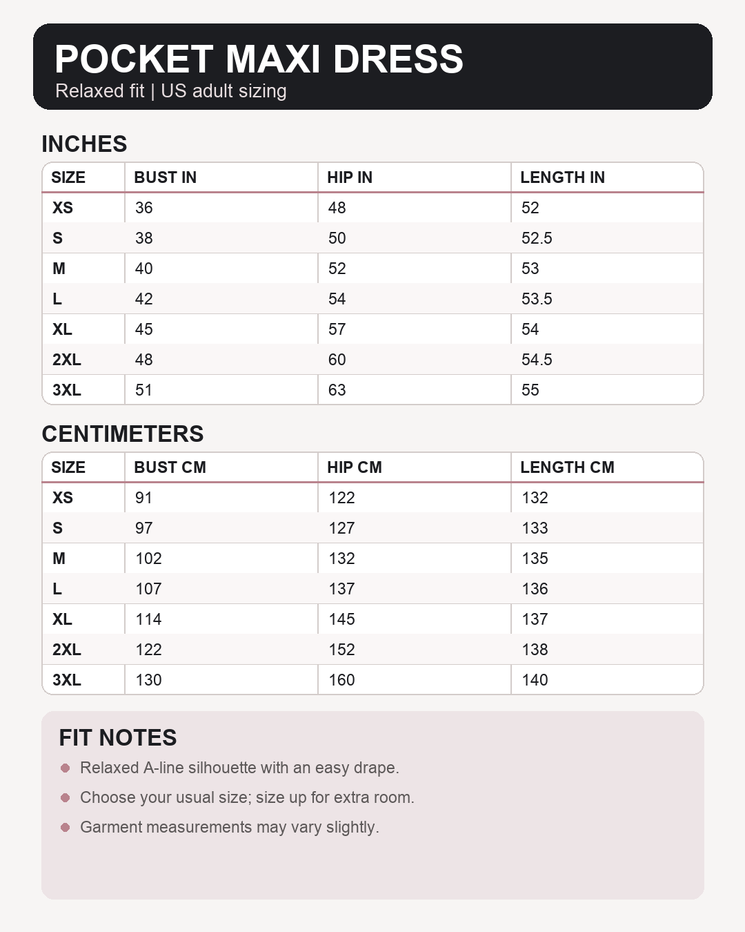 Women's relaxed pocket maxi dress size guide