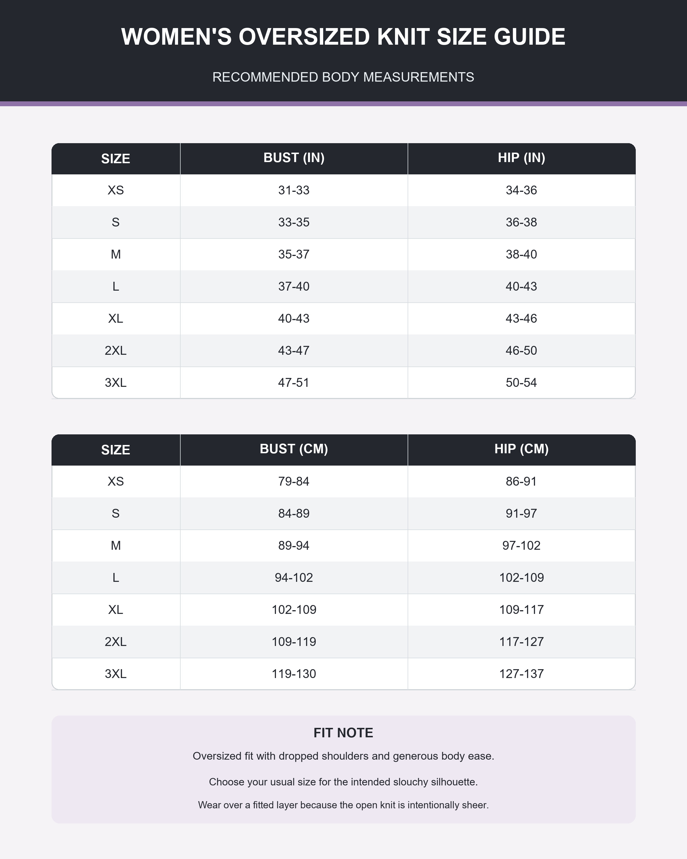 Women's oversized open knit sweater size guide XS through 3XL