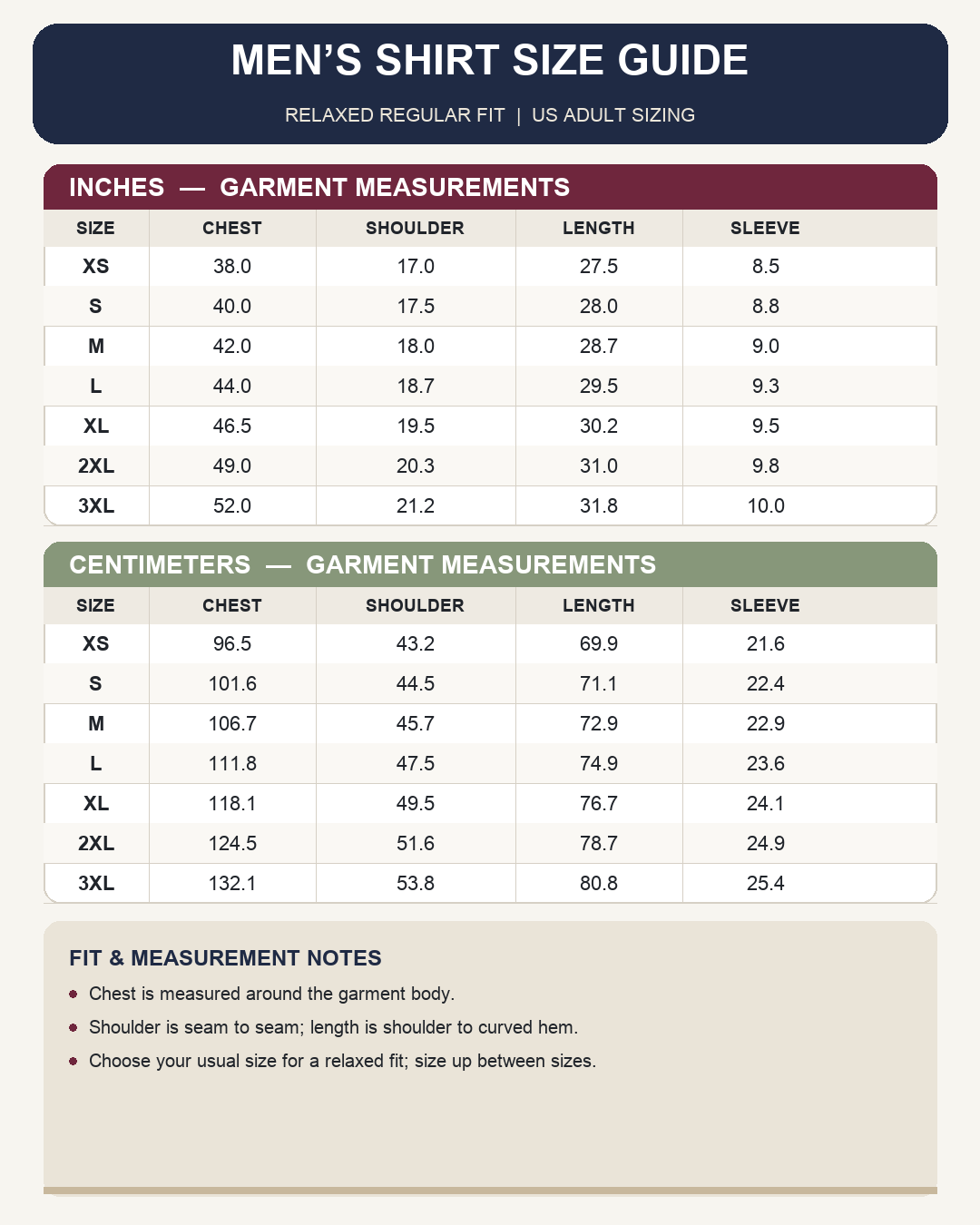 Men's relaxed short-sleeve shirt garment size guide