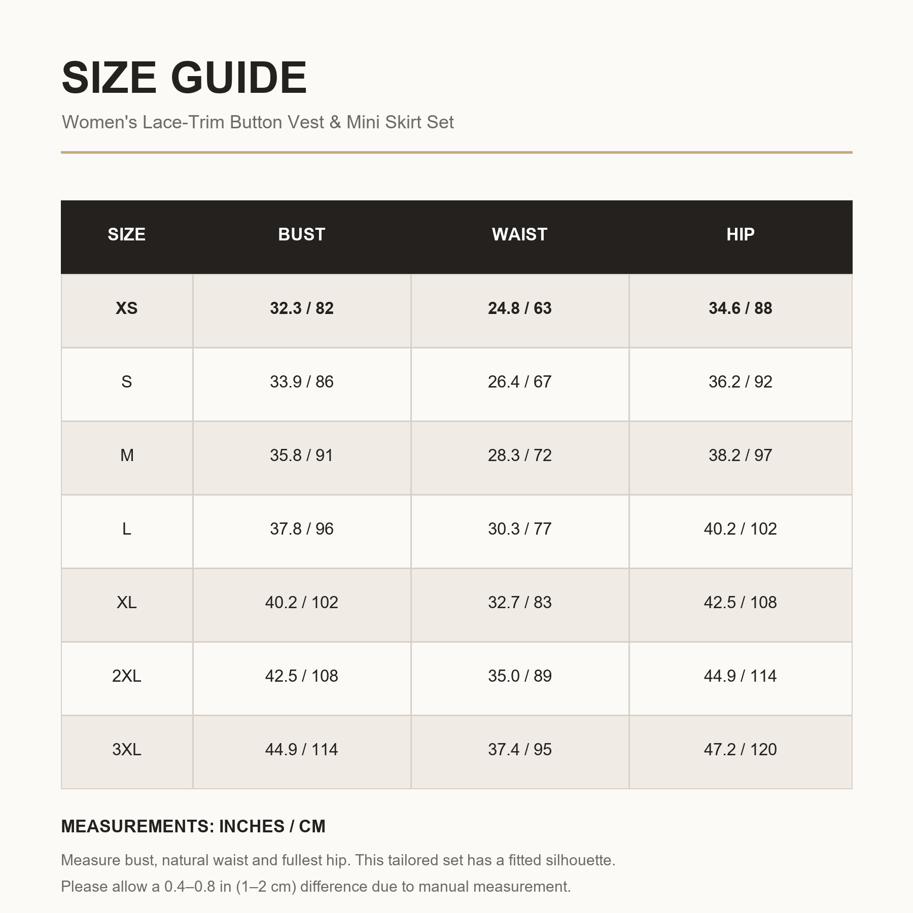 Women's fitted vest and mini skirt set size guide XS through 3XL