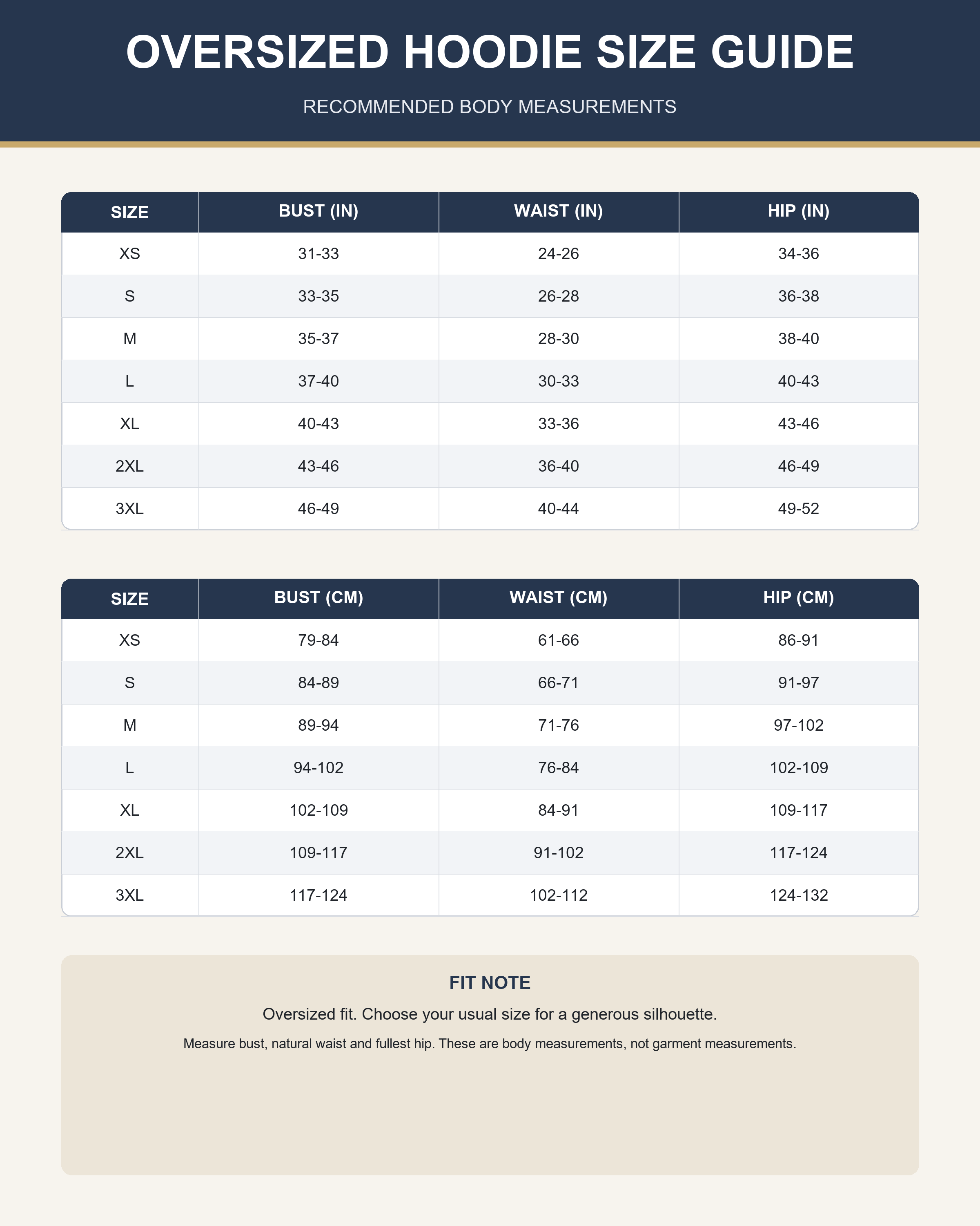 Women's oversized short-sleeve hoodie size guide XS through 3XL